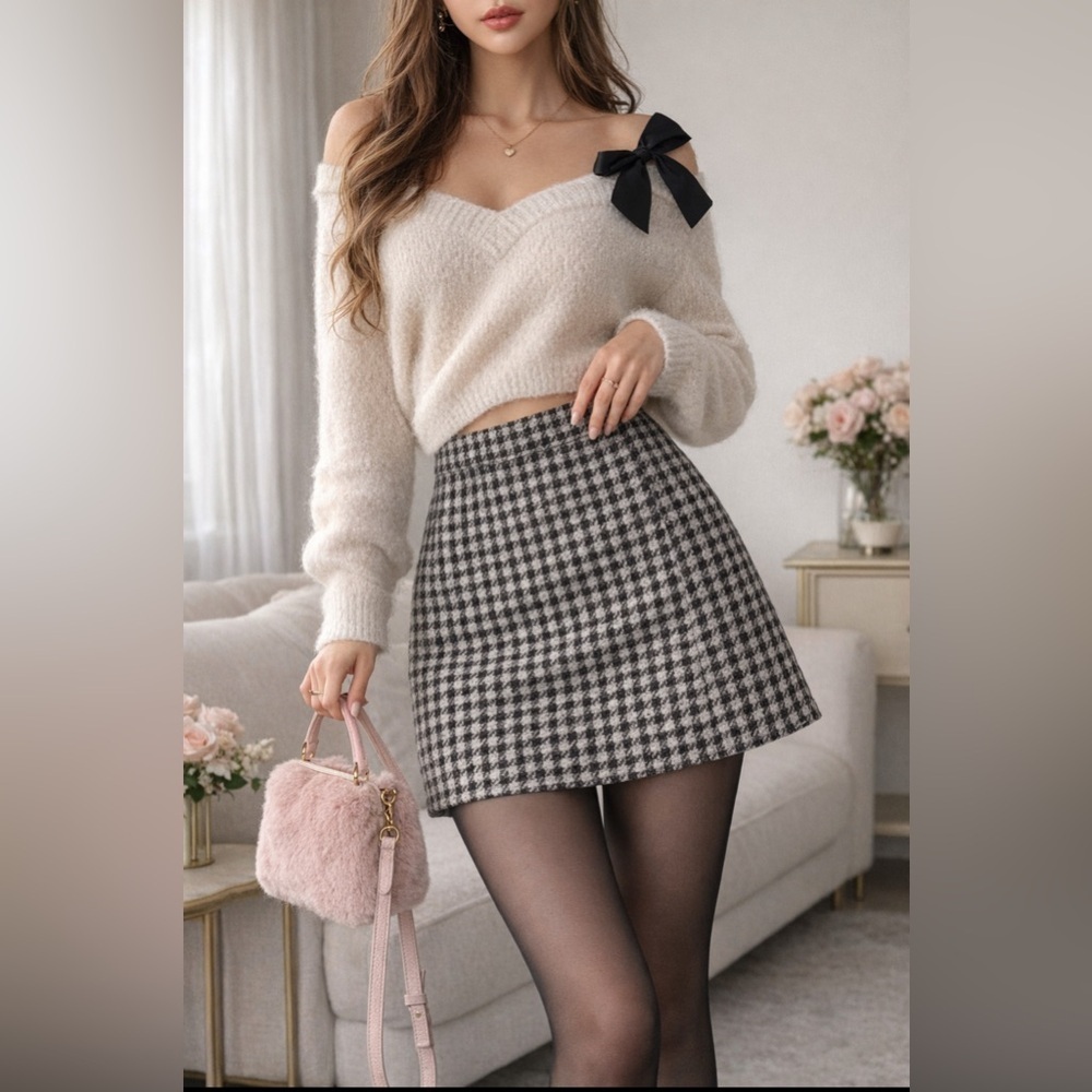 Houndstooth Tweed Mini Skirt Black White Classic Office Chic Preppy Capsule